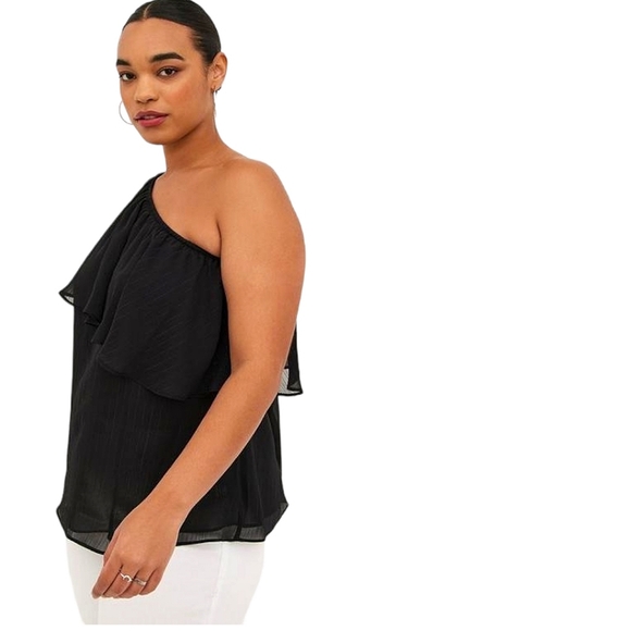 NEW Torrid Black One Shoulder Ruffle Crinkle Metallic Chiffon Blouse Size 0X - Picture 7 of 11